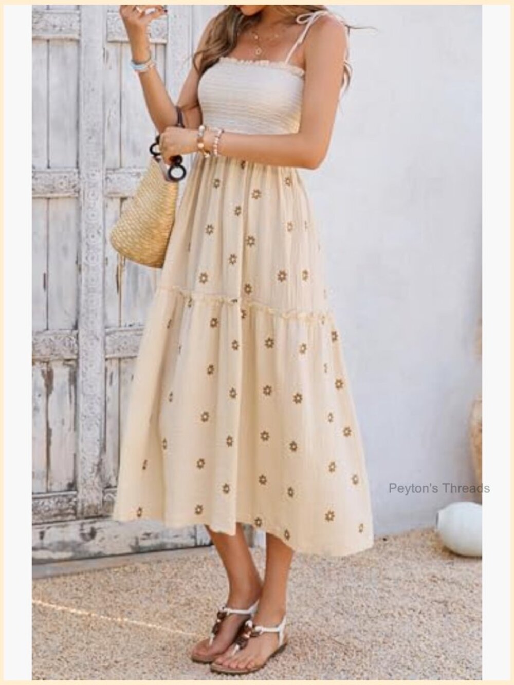 100% Cotton Square Neck Sleeveless Midi Dress with Tie Shoulders and Floral - Picture 6 of 7